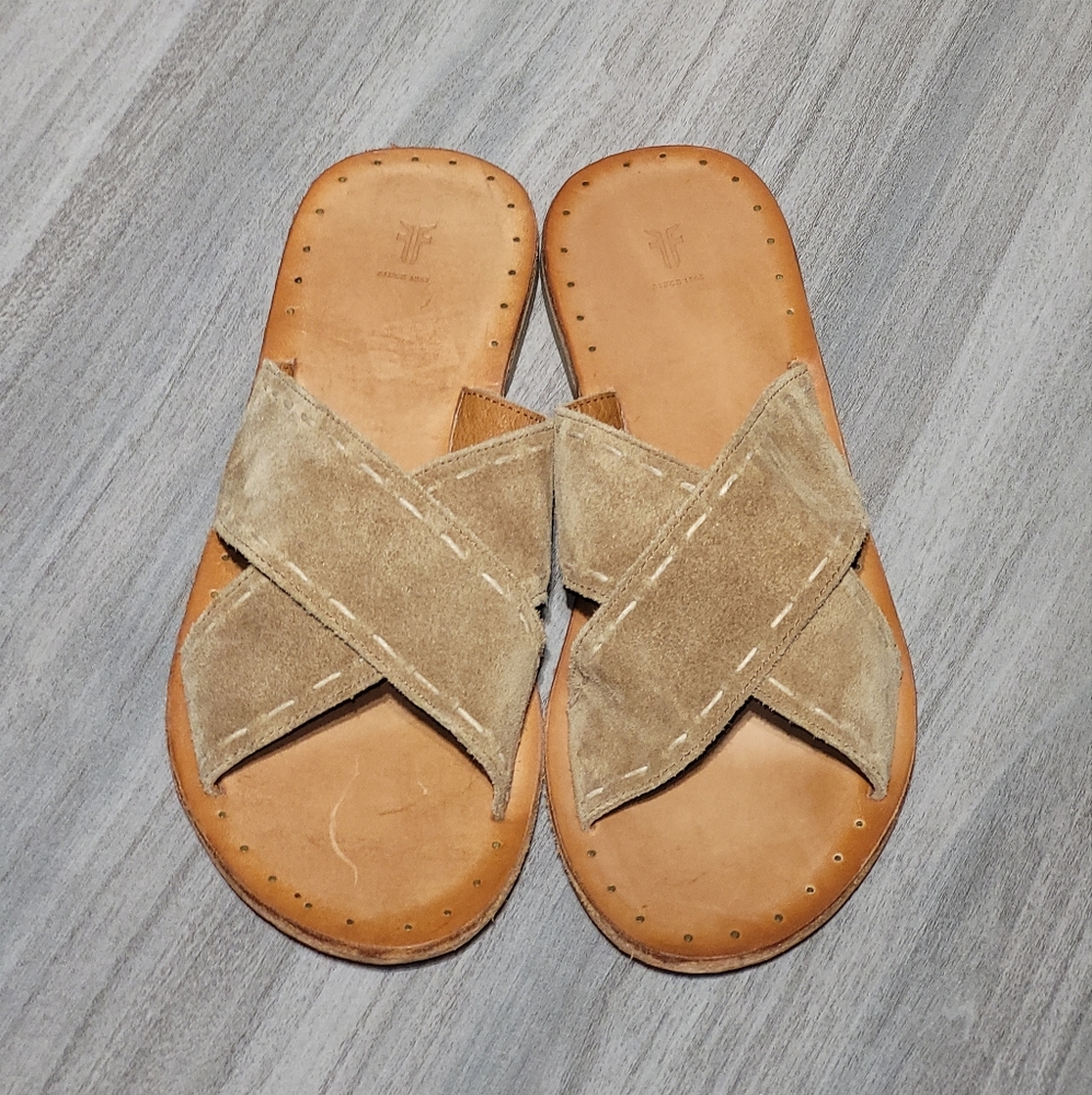 Frye Avery Tan Pickstitch Suede Leather Flat Slide Slip-On Sandal Sz 10